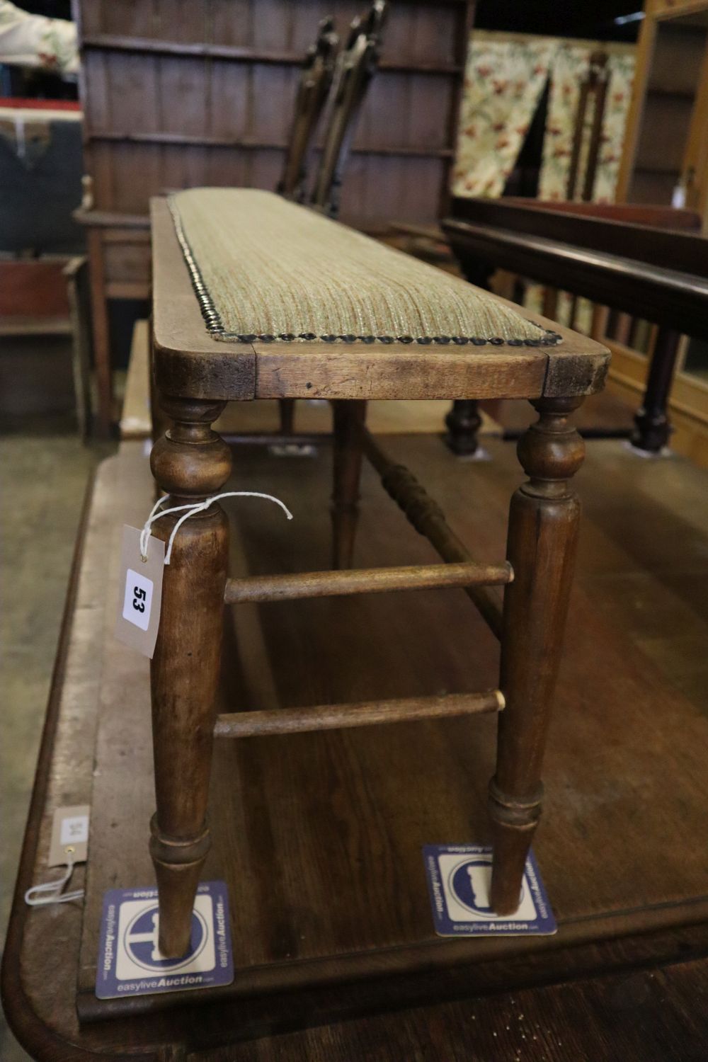 A Victorian beech window seat, width 121cm depth 26cm height 44cm